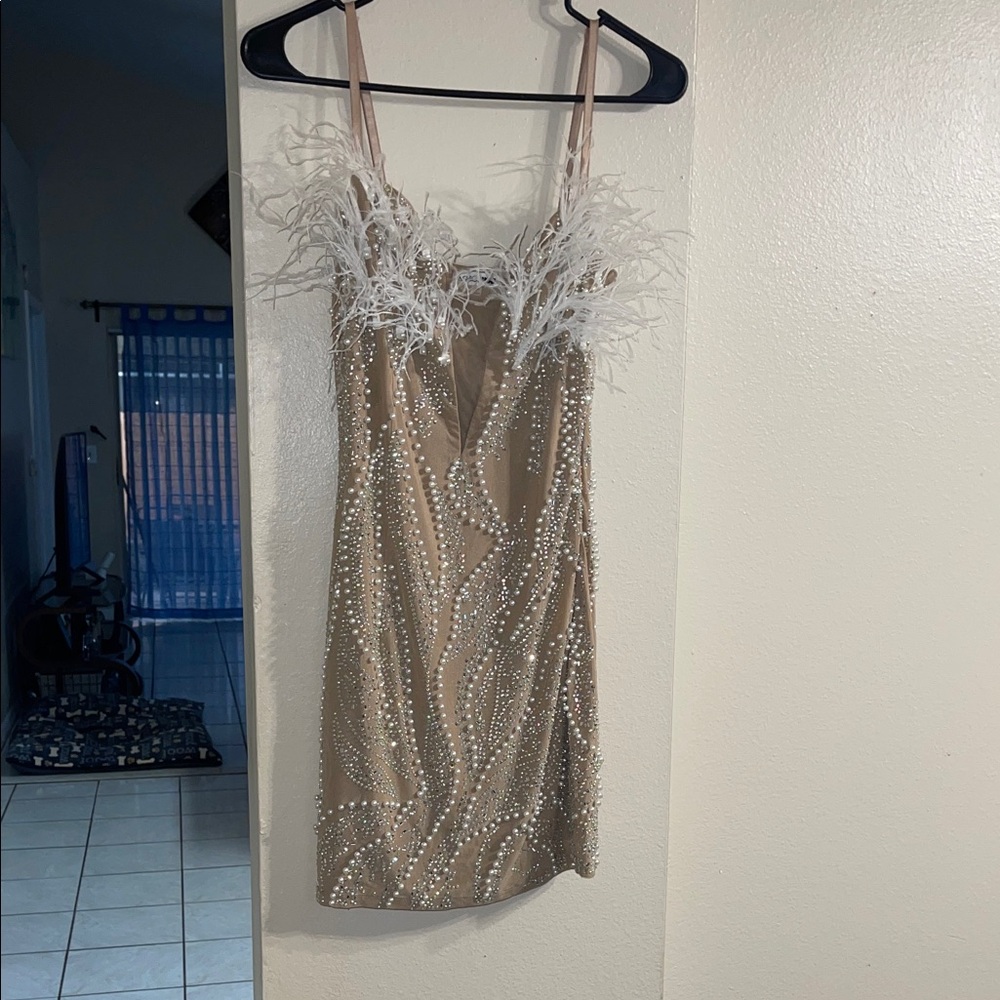 Fashion Nova Tan Feather and Pearl Dress